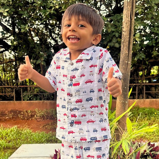 Organic Muslin Coord Set - Cars and Trucks