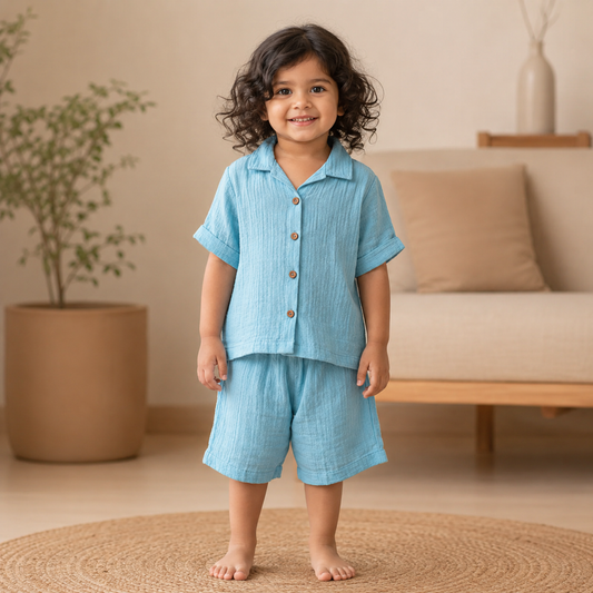 Crinkled Muslin Coord Set - Sky Blue