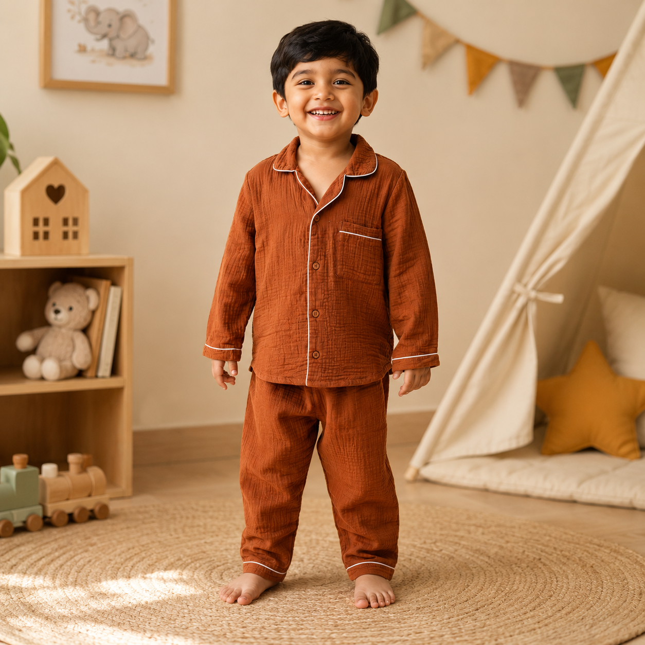Crinkled Muslin Night Suit - Rust Brown