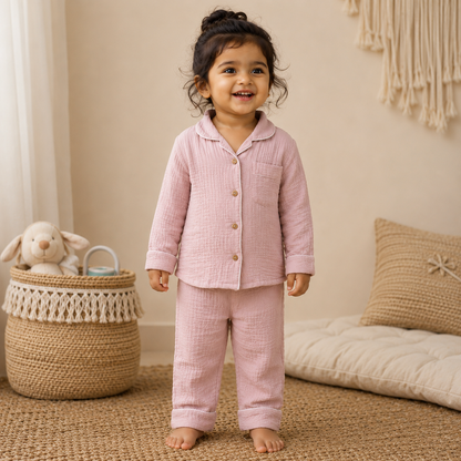 Crinkled Muslin Night Suit -Lilac