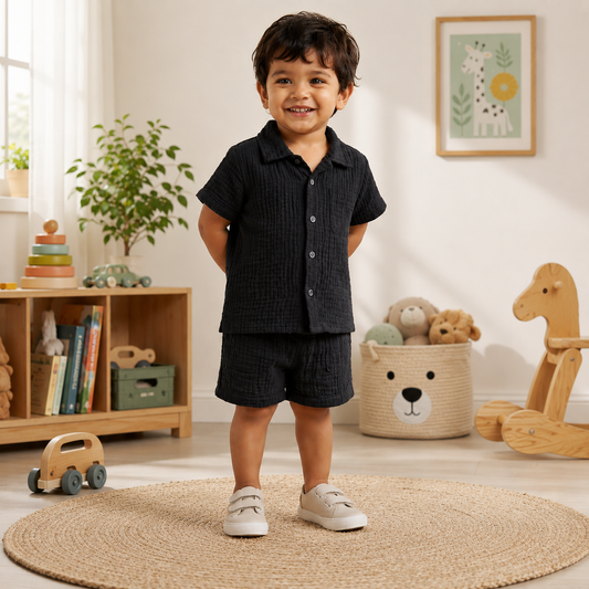 Crinkled Muslin Coord Set - Black