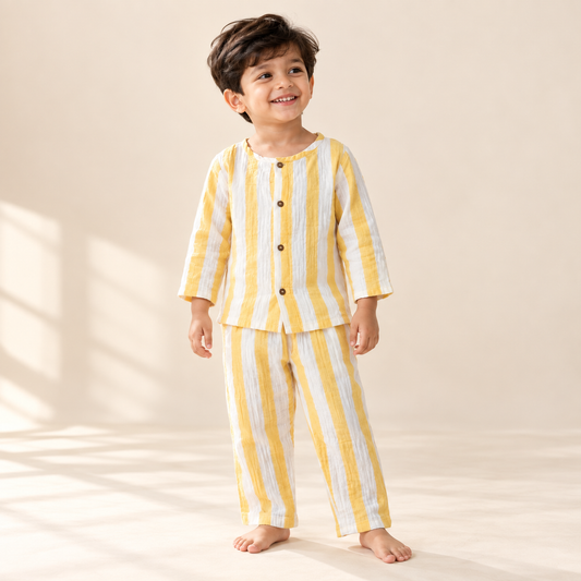 Yellow Strips - Muslin Full Sleeve Sleep Suit