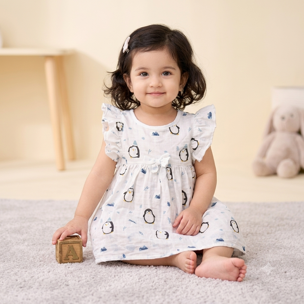 Muslin Flutter Sleeve Frock - Penguin