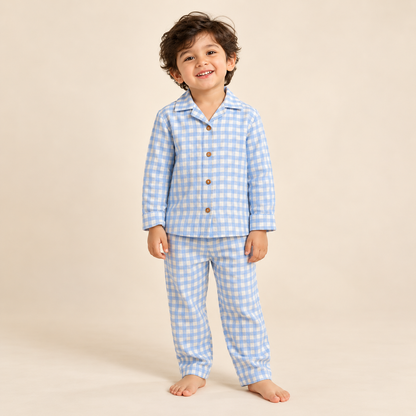 Blue Checks - Muslin Full Sleeve Sleep Suit