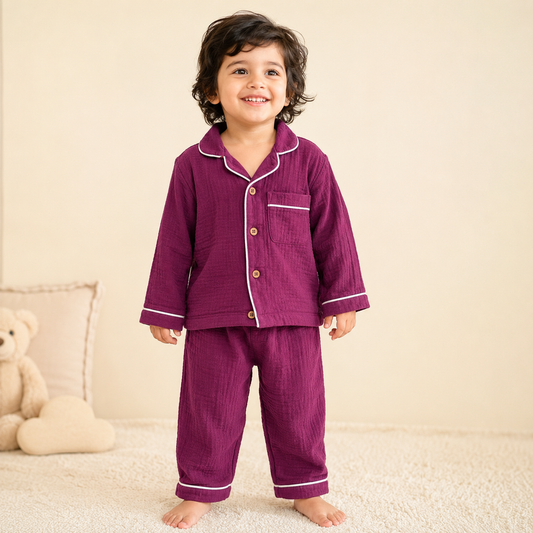 Crinkled Muslin Night Suit - Purple