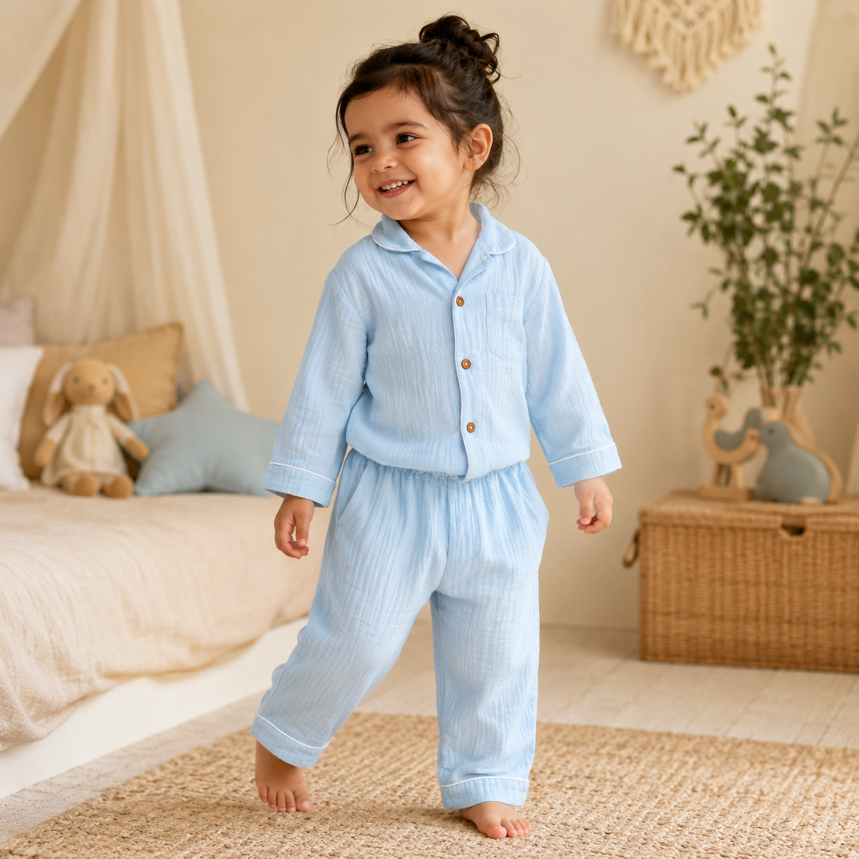 Crinkled Muslin Night Suit - Light Blue