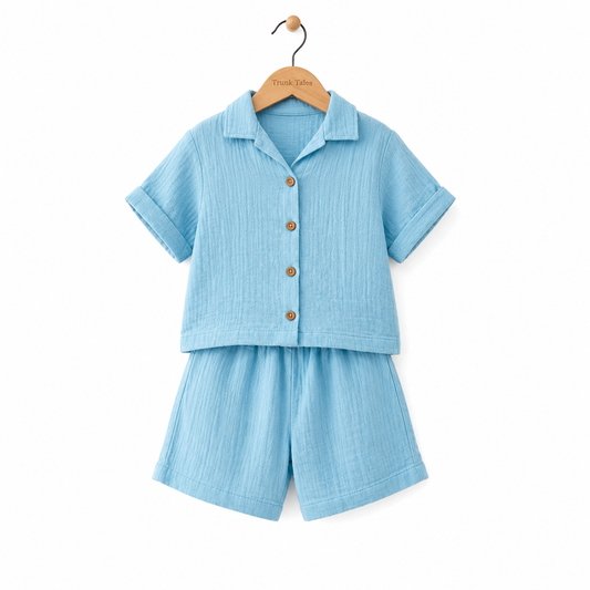 Crinkled Muslin Coord Set - Sky Blue