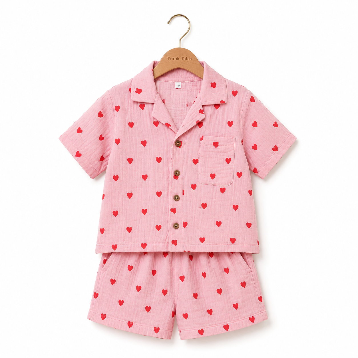 Crinkled Muslin Coord Set - Pink Hearts
