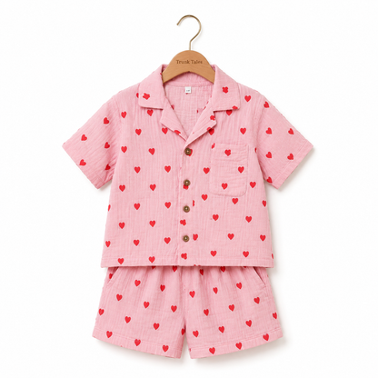 Crinkled Muslin Coord Set - Pink Hearts