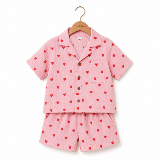 Crinkled Muslin Coord Set - Pink Hearts