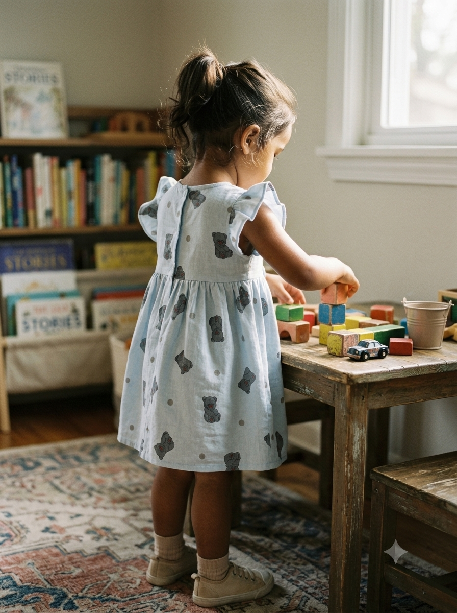 Muslin Flutter Sleeve Frock - Bear