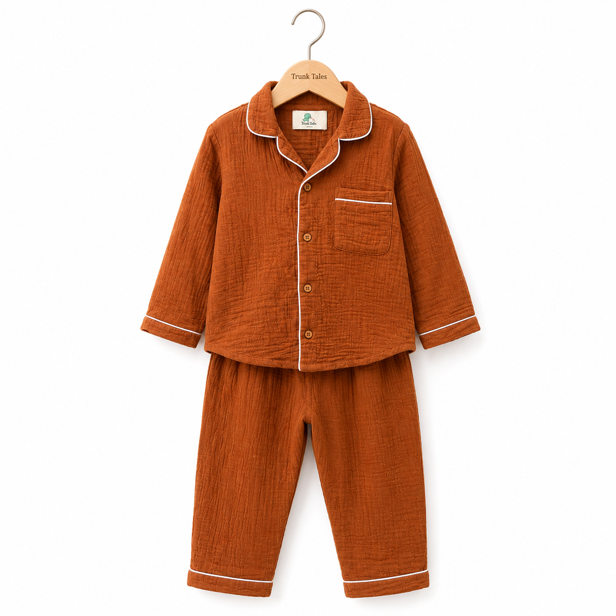 Crinkled Muslin Night Suit - Rust Brown