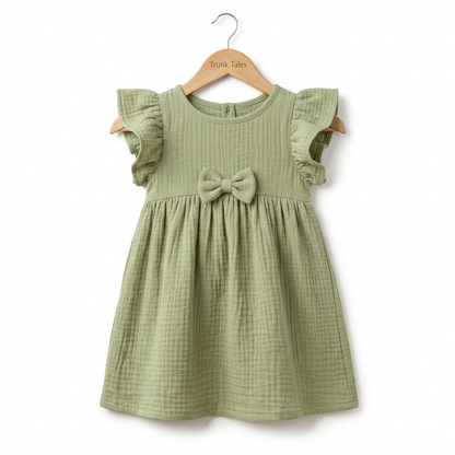 Crinkled Muslin Flutter Sleeve Frock - Pista Green