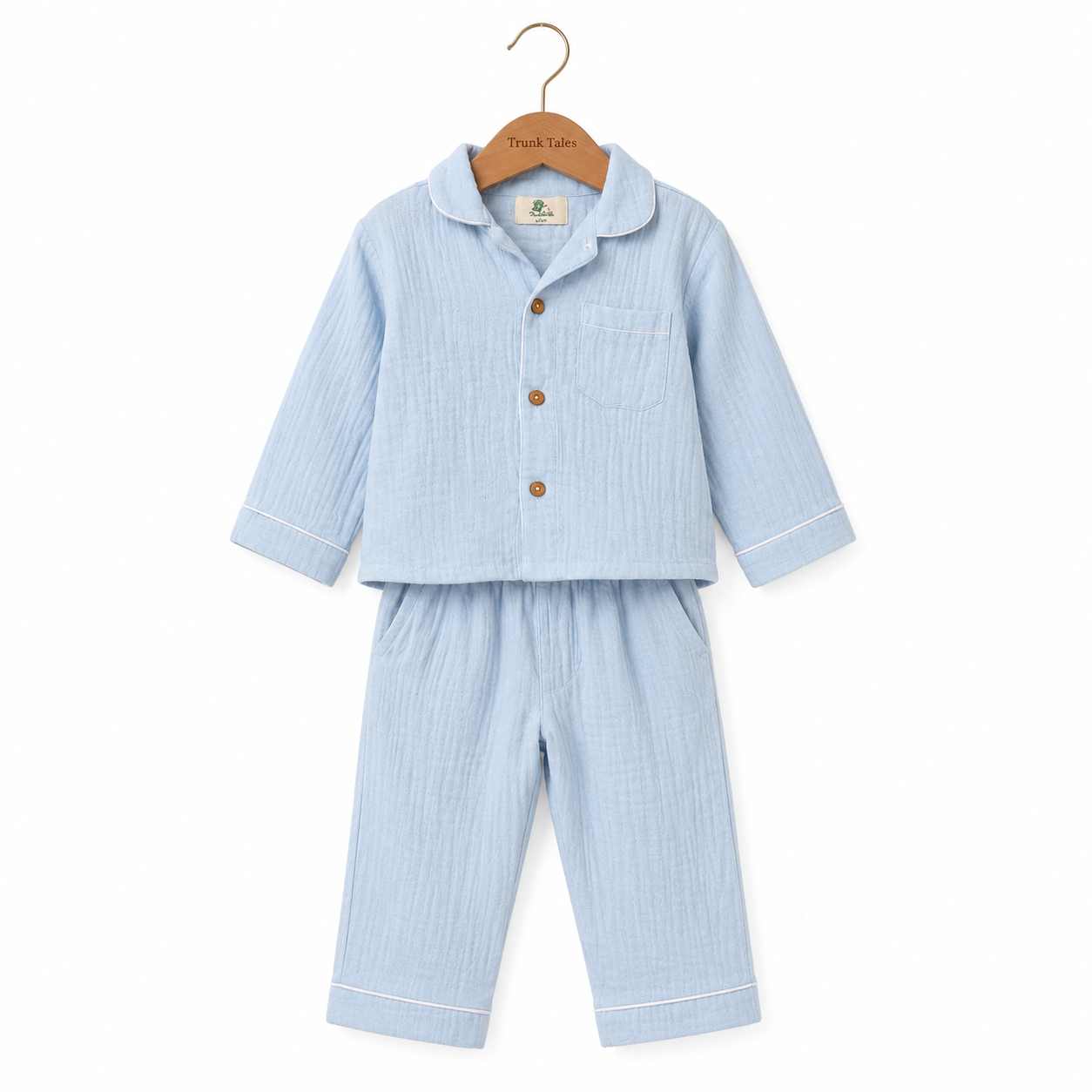 Crinkled Muslin Night Suit - Light Blue