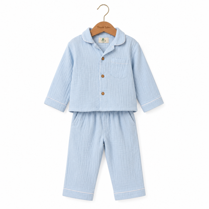Crinkled Muslin Night Suit - Light Blue