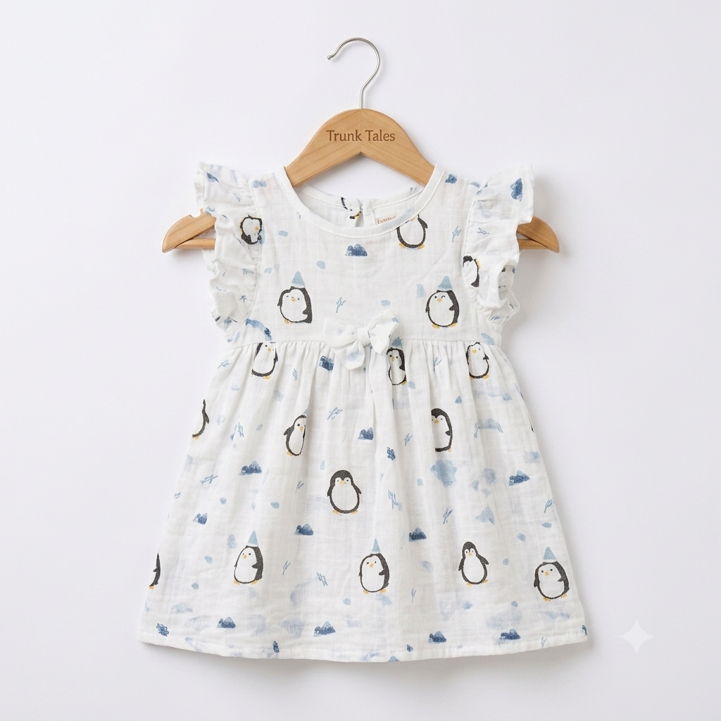 Muslin Flutter Sleeve Frock - Penguin