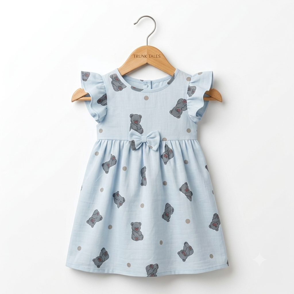 Muslin Flutter Sleeve Frock - Bear