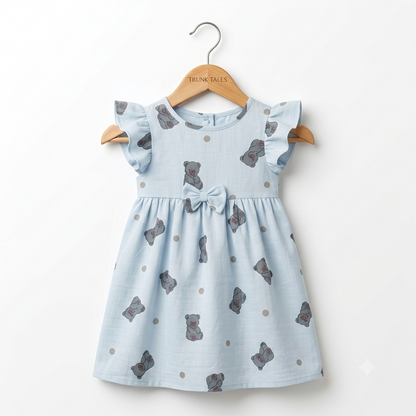 Muslin Flutter Sleeve Frock - Bear