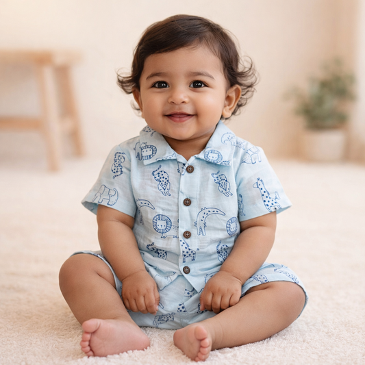 Blue Muslin Coord Set - Animals