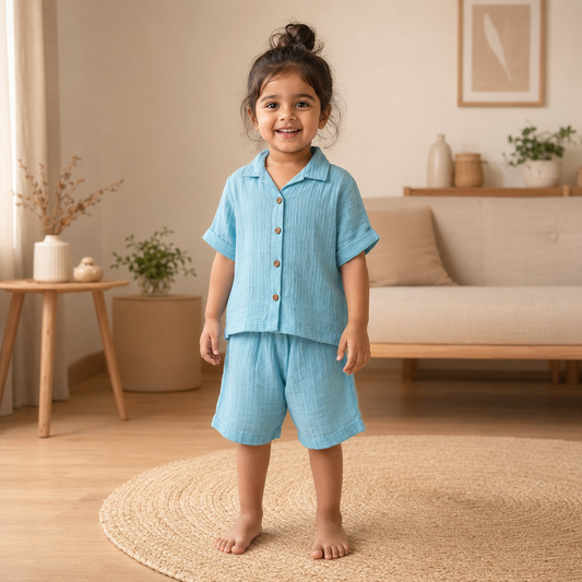 Crinkled Muslin Coord Set - Sky Blue