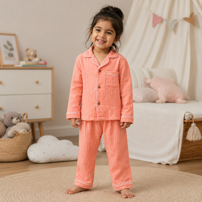 Crinkled Muslin Night Suit -Peach