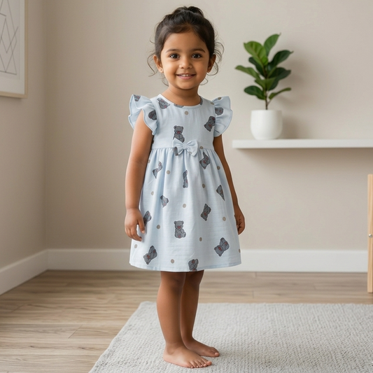 Muslin Flutter Sleeve Frock - Bear