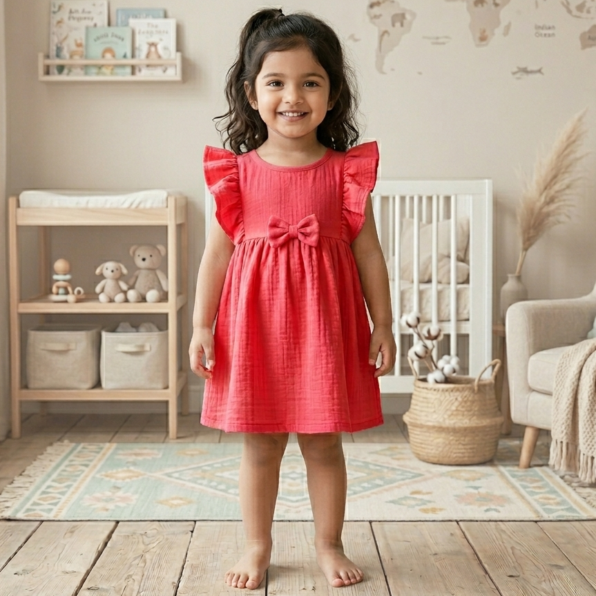 Crinkled Muslin Flutter Sleeve Frock - Pink