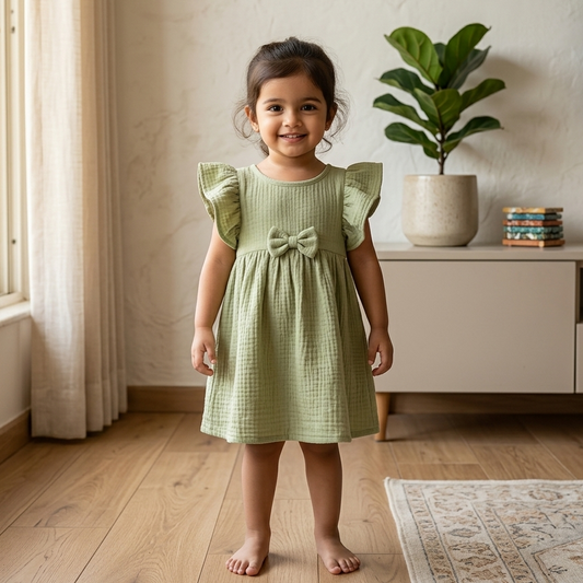 Crinkled Muslin Flutter Sleeve Frock - Pista Green