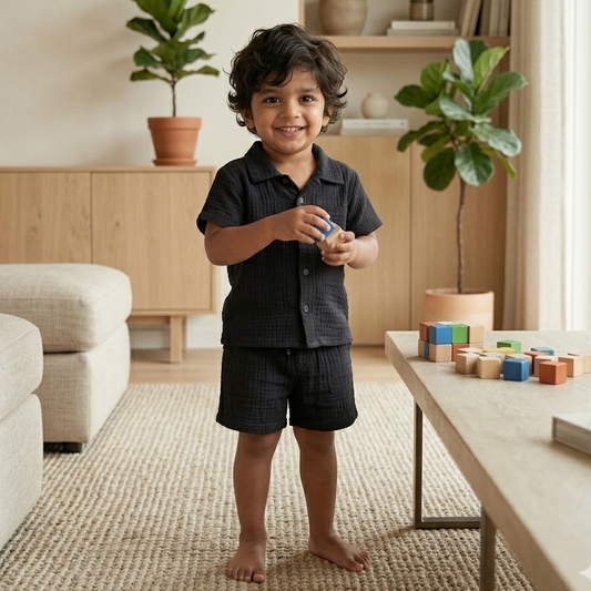 Crinkled Muslin Coord Set - Black