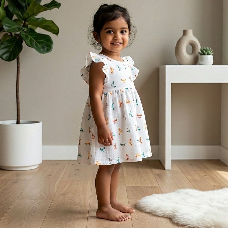 Muslin Flutter Sleeve Frock - Multicolor Car