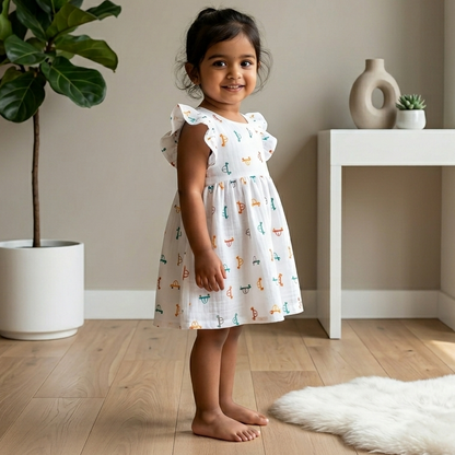 Muslin Flutter Sleeve Frock - Multicolor Car