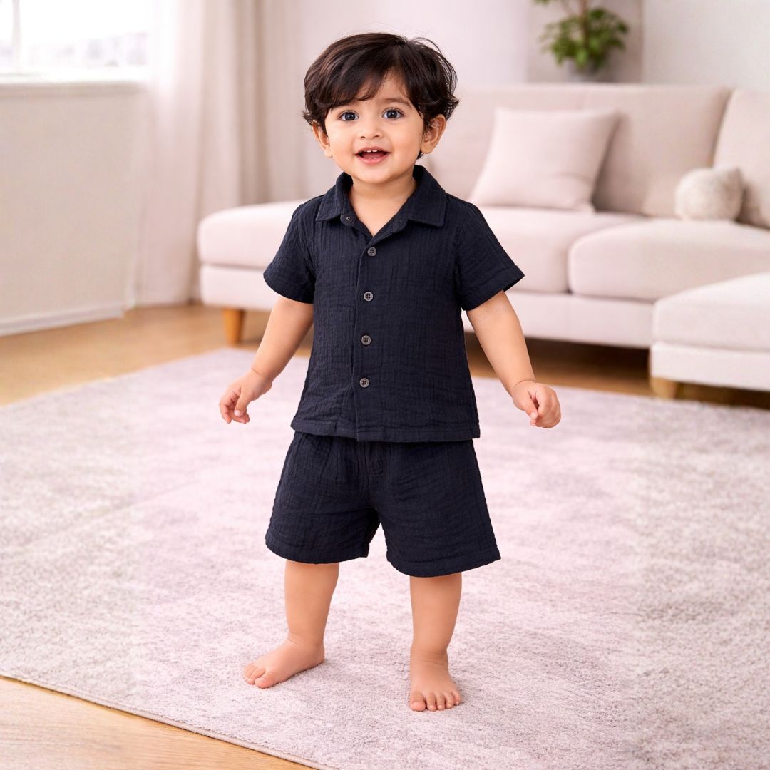 Crinkled Muslin Coord Set - Black