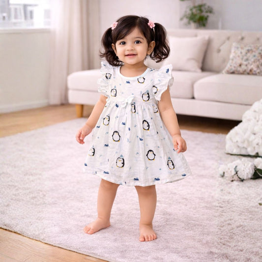 Muslin Flutter Sleeve Frock - Penguin