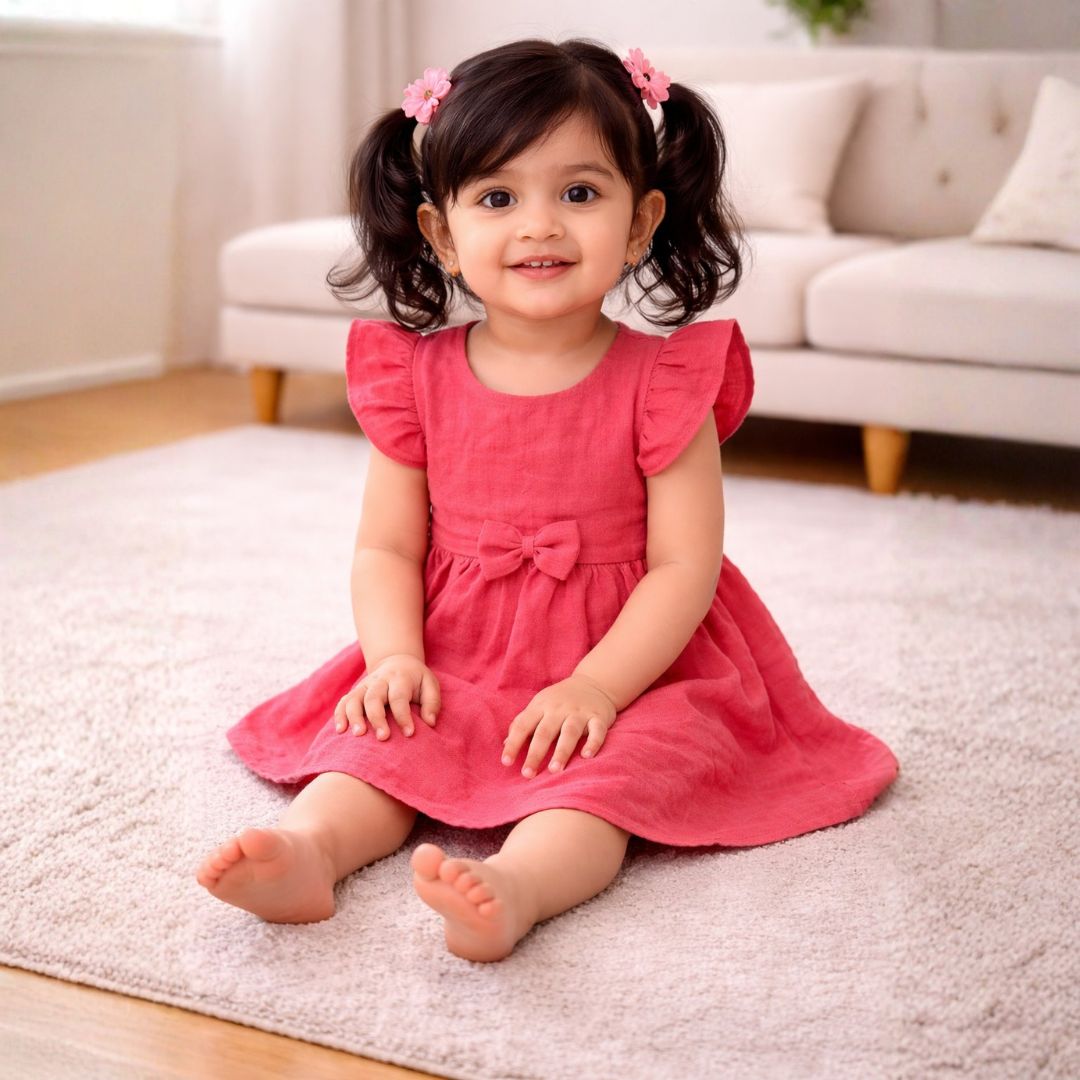 Crinkled Muslin Flutter Sleeve Frock - Pink
