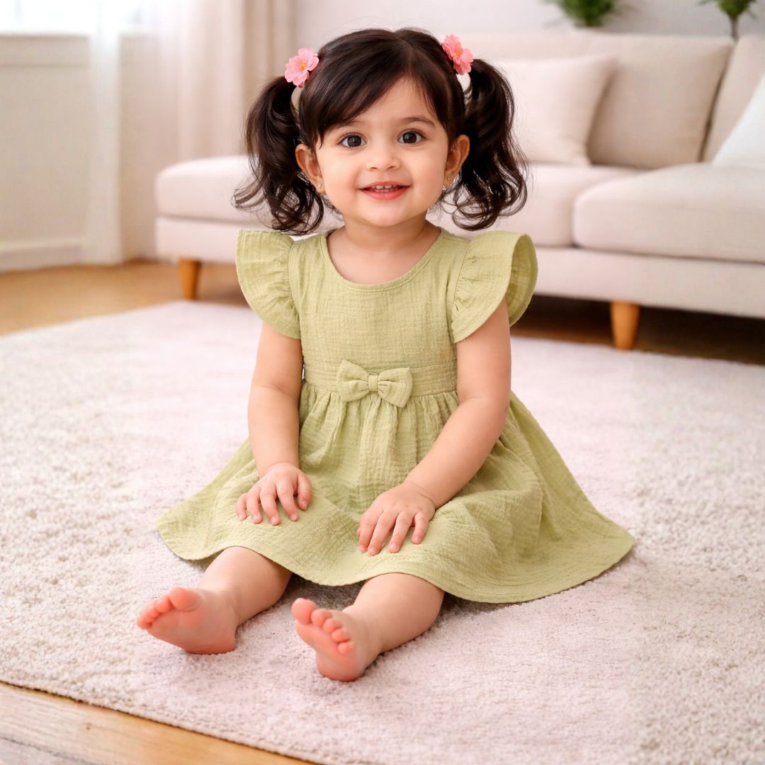 Crinkled Muslin Flutter Sleeve Frock - Pista Green