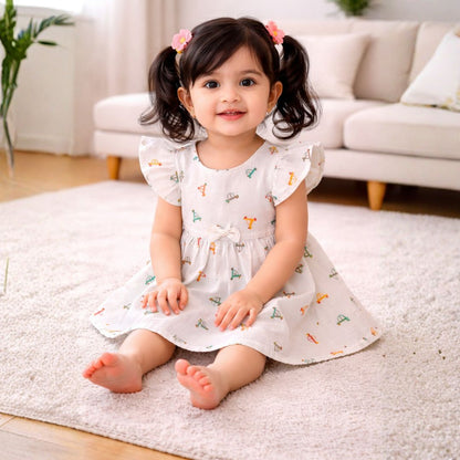 Muslin Flutter Sleeve Frock - Multicolor Car